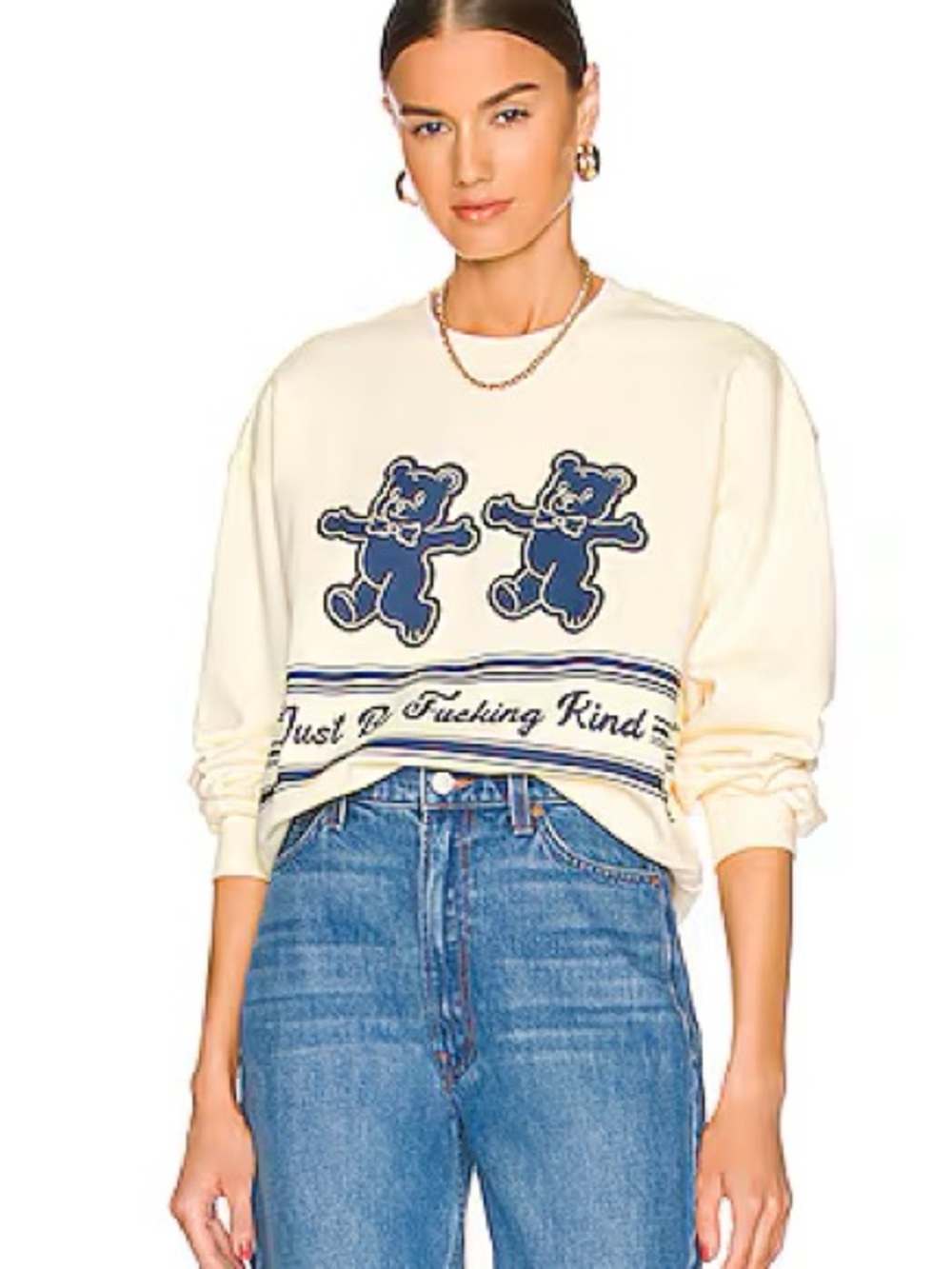 Graphic Cropped Sweatshirt - Cream with Navy Bear Motif